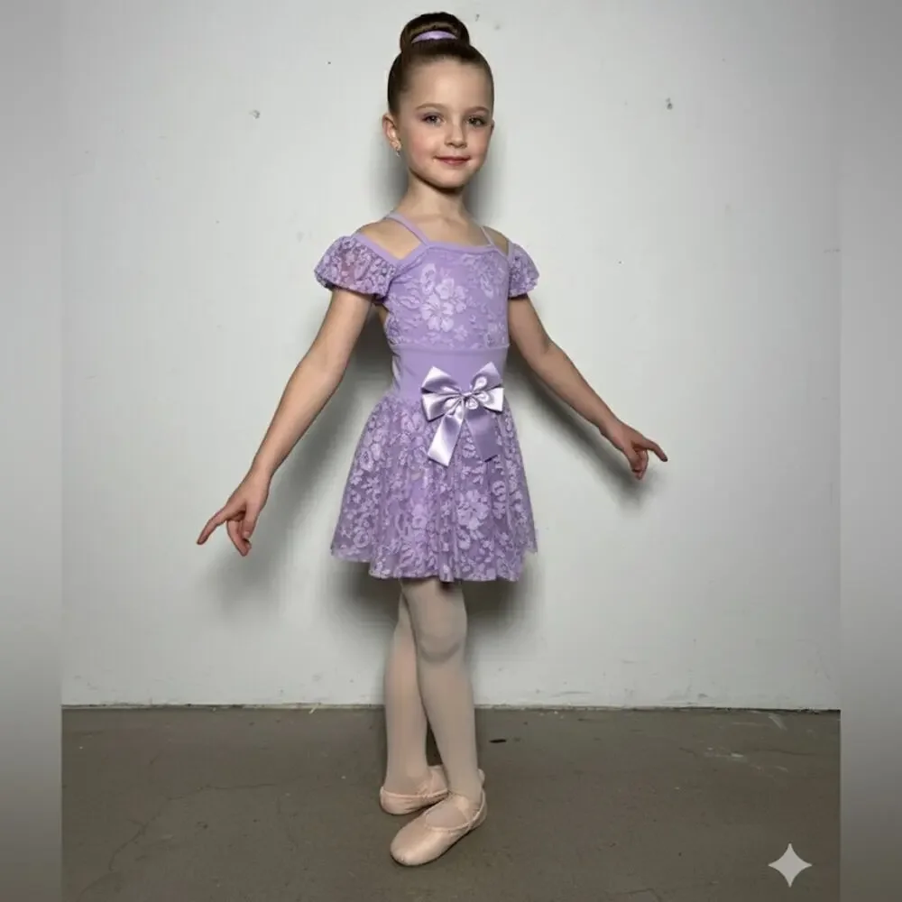 Theatricals Child Lavender Lace Off-Shoulder Dance Leotard Costume Dress CXS NWT